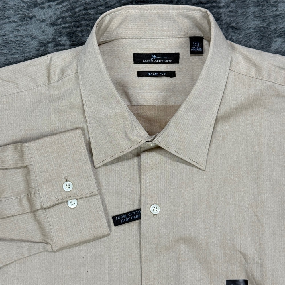 Marc Anthony Dress Shirt Mens 17.5 34/35 Tan MA8026MS Slim Fit Cotton